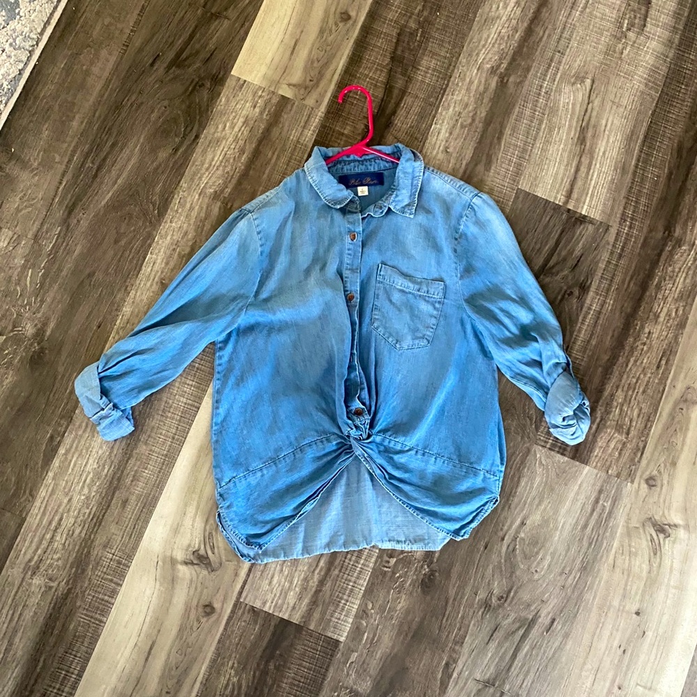 Stretchy Denim Button Down Front Tie Shirt